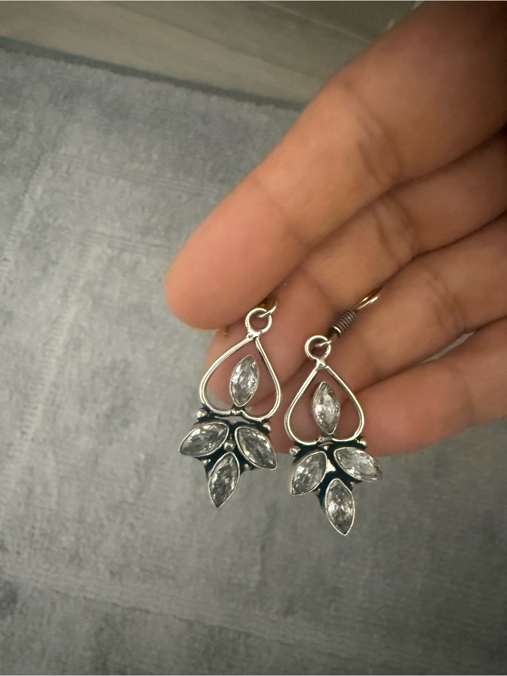 Silver Teardrop Floral Dangle Earrings with Clear Crystal Marquise Stones